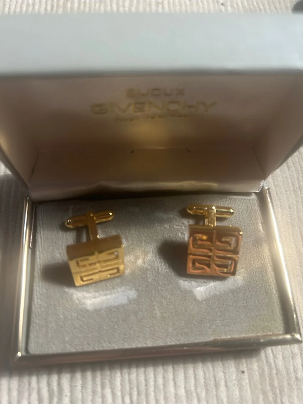 Vintage 1977 Givenchy 4G Logo Square Cufflinks Gold Plated Original Box